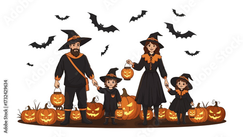 Halloween Family Fun: A joyous family, costumed as witches and wizards, stands before a collection of glowing jack-o'-lanterns. Bats dance above, hinting at the spooky festive season.