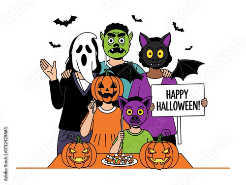 Halloween Family Illustration: A cartoonish illustration presents a joyous family celebrating Halloween with playful costumes, featuring a delightful table setting with pumpkins and treats.