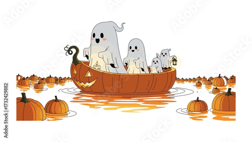 Halloween Spirit: A cheerful boat, carved from a pumpkin, navigates a tranquil stream, carrying a ghostly family ready for Halloween, surrounded by a host of floating pumpkins.