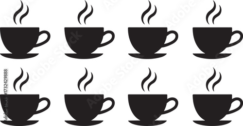 Eight black silhouette icons of steaming coffee cups and saucers arranged in two rows on a white background