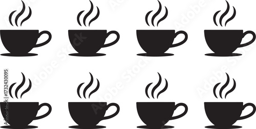 Eight black silhouette icons of steaming coffee cups and saucers in two rows on a white background hot drink