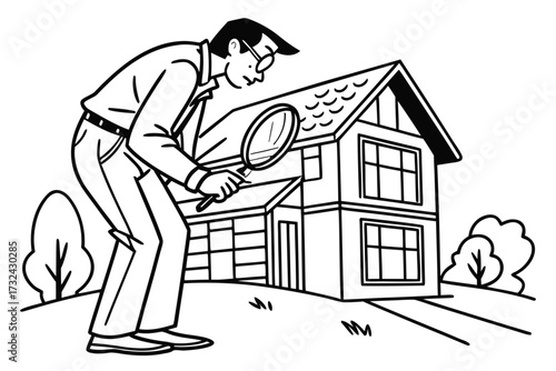 Vector illustration of a male holding magnifying glass searching for a modern house isolated on white background, symbolizing real estate property search and investment concept