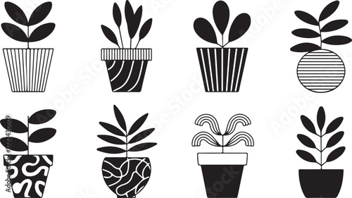 Eight Black Silhouette Potted Plants with Varied Pots and Leaves on White Background vector illustration