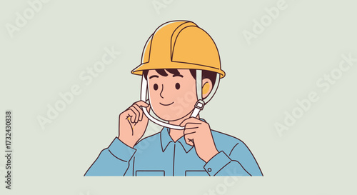 Construction Worker Character Putting on Safety Helmet Illustration