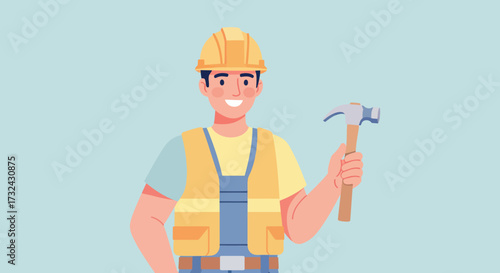 Construction Worker Character Illustration with Hammer Ready to Work