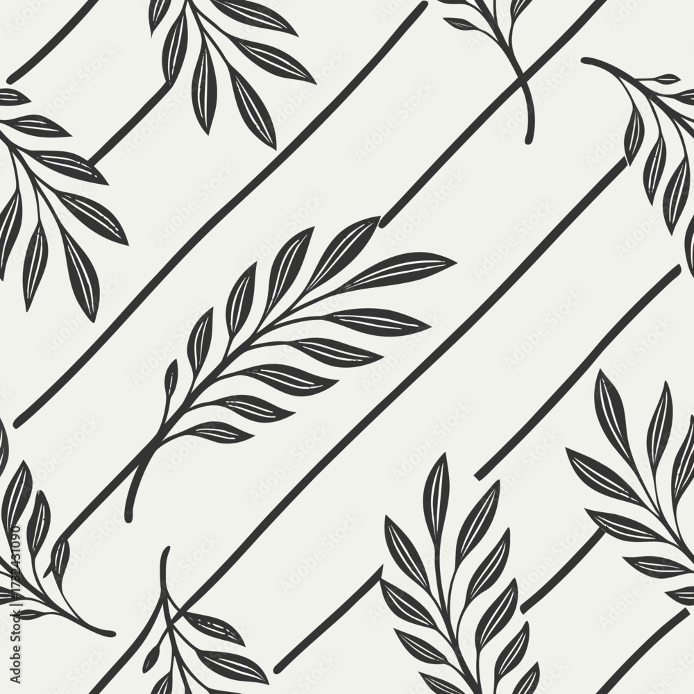 Obraz premium Elegant Leaf Pattern: This graphic, symmetrical botanical design features delicate leaves arranged in a seamless pattern. Minimalist lines create a modern, artistic aesthetic.