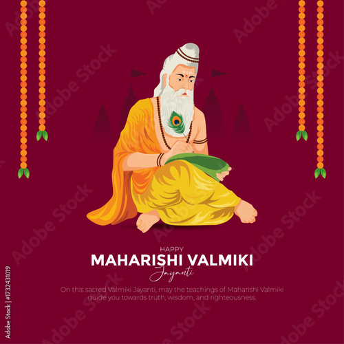 Happy Valmiki Jayanti Celebration Vector Illustration – Maharishi Valmiki with Ramayana, Indian Spiritual Festival Background, Religious Poster Design
