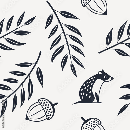 Autumnal Woodland Seamless Pattern: An appealing, seamless pattern with acorns, branches, and an animal against a subdued background, suitable for a diverse range of applications.
