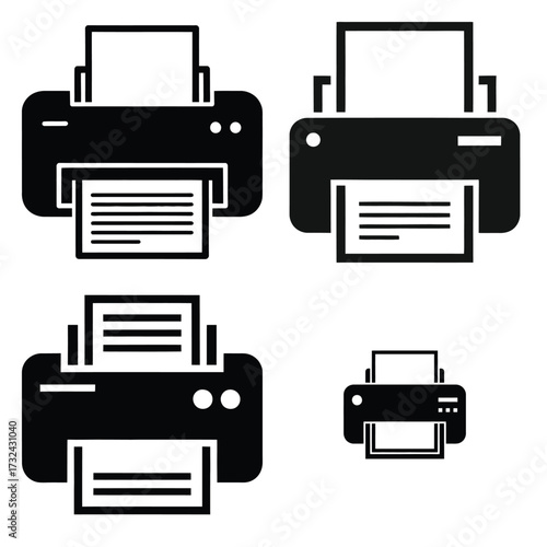 printer minimal flat silhouette vector icon set, black color and white background