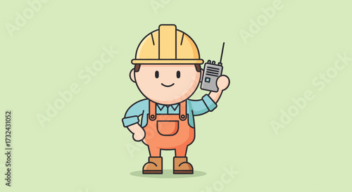 Cheerful construction worker character holding a walkie-talkie, ready for communication on site