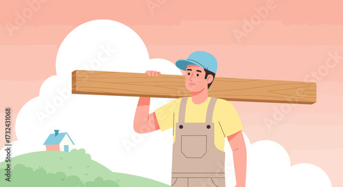 Illustrated construction worker character carrying a wooden plank for a building project, a male builder at work on a new home