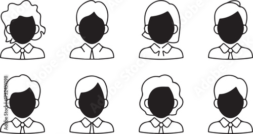 Eight Stylized Black and White Human Profile Icons with Varied Hairstyles Keywords: people, person, avatar, icon, silhouette, profile, head, face, hairstyle, hair, male, female, man, woman
