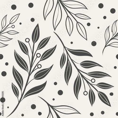 Artistic Leaf Pattern Design: An artistic, monochromatic botanical illustration features elegant leaf branches and delicate dotted accents, offering a timeless aesthetic. 