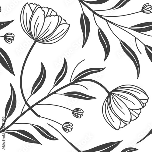 Botanical Serenity: A seamless floral pattern composed of elegant botanical illustrations. Depicting delicate flower petals and graceful leaves. evoking a sense of calm and organic beauty.