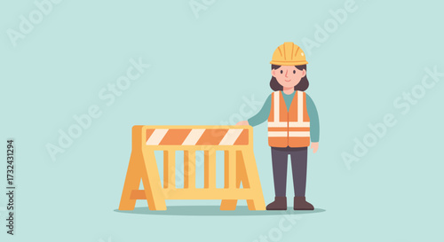 Female construction worker character in a safety vest and hard hat standing next to a barricade