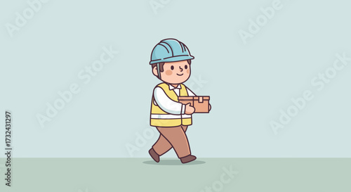 A friendly cartoon worker character walking and carrying a package for delivery or construction