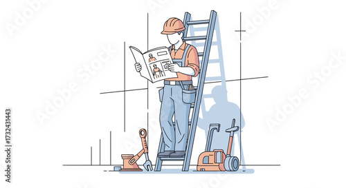 Focused Worker Character Reading Manual by Ladder for Home Improvement