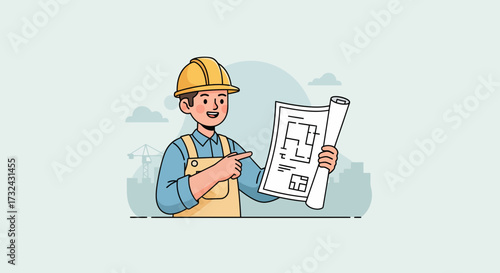 Construction worker character holding and pointing at a blueprint, illustrating planning and development in building projects