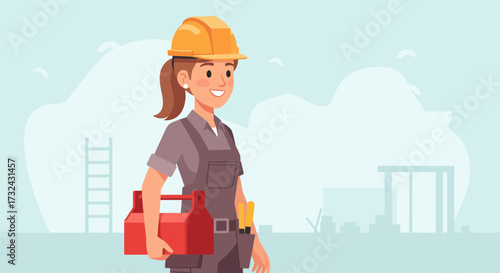 Confident female worker character in hard hat and overalls, holding a toolbox, ready for construction or trade, symbolizing skill, empowerment, and professionalism