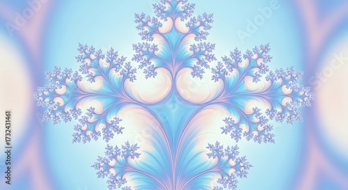 Abstract fractal patterns in soft pastel blues and pinks, a delicate and intricate digital art creation