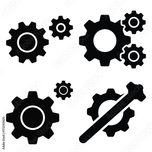 settings minimal flat silhouette vector icon set, black color and white background