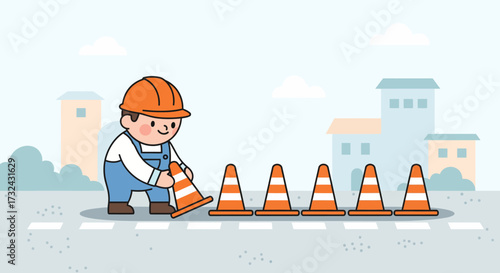 Vector illustration of a construction worker character wearing a hard hat and setting up a row of traffic cones on a street