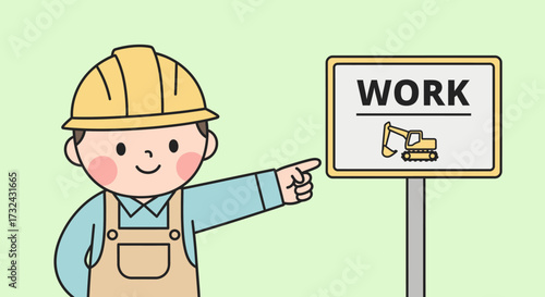 Smiling cartoon construction worker character in a yellow hard hat and brown overalls pointing towards a 'WORK' sign featuring an excavator icon, symbolizing labor and industry development
