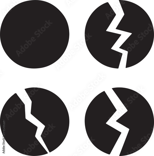 Set of broken circles solid black shapes four stages of cracking abstract design vector