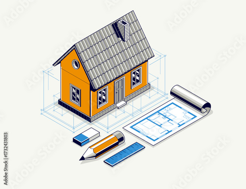 House project concept, 3D isometric vector illustration of a small house and blueprint building project, construction architectural model, residential family small house.