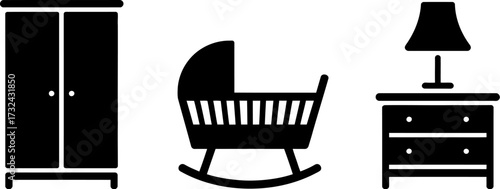 Simple icons of nursery furniture including a wardrobe, crib, and nightstand with lamp