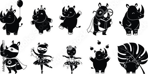 Cartoon rhinoceros illustration set, funny rhino character artwork, superhero rhino design, ballerina rhino graphic, playful animal mascot, humorous wildlife vector