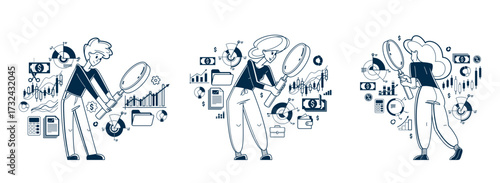 Financial analytics vector outline illustration set, analytic with magnifying glass making inquiry about finances, financier reviewing cash-flow, budget balance.