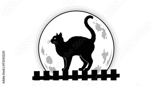 Mysterious Cat Silhouette: A sleek black cat silhouette poses gracefully against the backdrop of a full moon, the scene enriched with a subtle hint of mystery and magic.