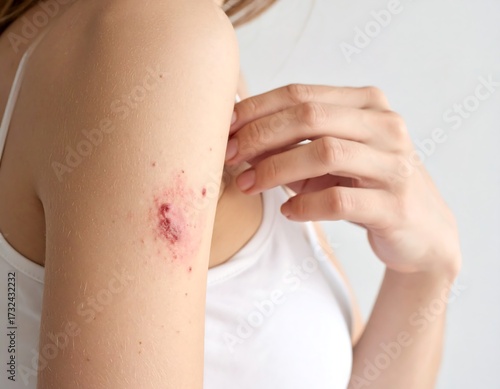 Woman with a red, raw wound on her upper arm