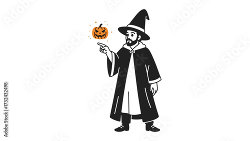 Mystical Halloween Scene: A whimsical wizard conjures a levitating Jack-o'-Lantern, surrounded by subtle magical energy.