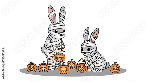 Halloween Rabbits: Two adorable rabbits dressed as mummies playfully gather around lit jack-o'-lanterns, embodying the whimsy and spirit of the holiday season in a cute illustration.