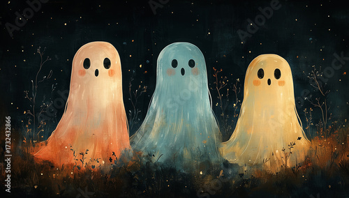 Three cute cartoon ghosts in a dark and starry night