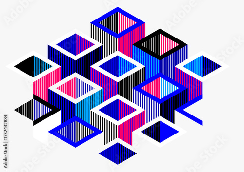 3D isometric cubic design vector geometric abstract background, modern city abstraction theme, construction buildings and blocks look like shapes, polygonal style.