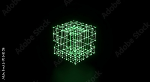Abstract Glowing Green Wireframe Cube Structure on a Dark Background - A Digital Art Representation of Data and Connection