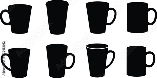 Cup silhouette, mug illustration, coffee cup vector, tea mug design, kitchenware artwork, black and white drawing, beverage container character