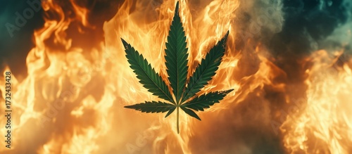 Cannabis leaf against a fire background. Generative AI