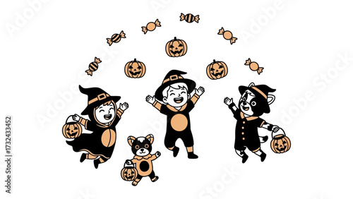 Halloween fun: Playful children, dressed in costumes, frolic under a whimsical shower of candy and jack-o'-lanterns, creating a scene of cheerful delight and spooky excitement.