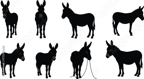 Donkey silhouettes collection, black animal icons, farm livestock vector illustration set, cartoon mule clipart, wildlife design elements, rustic graphic artwork