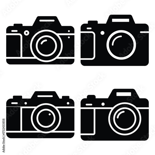 camera minimal flat silhouette vector icon set, black color and white background