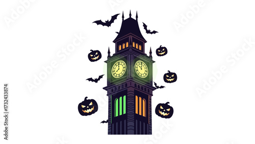 Spooky Halloween Clock Tower:  A festive Halloween-themed scene featuring a gothic clock tower illuminated by eerie green and orange lights, surrounded by spooky pumpkins and bats.