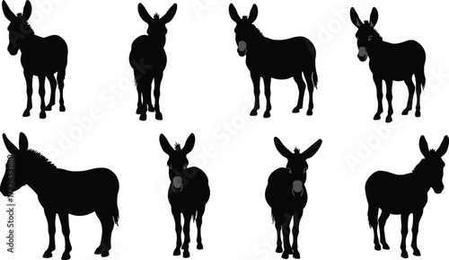 Donkey silhouettes vector set, black mule animal icons, farm livestock illustration, rustic clipart collection, wildlife design elements, cartoon graphic artwork