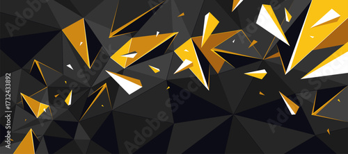 Black and yellow vector abstract low poly background, 3D polygonal triangular abstraction with broken structure and flying particles in motion.