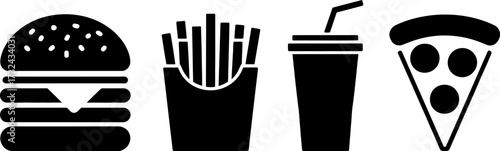 Classic fast food meal with a burger, fries, drink, and pizza slice