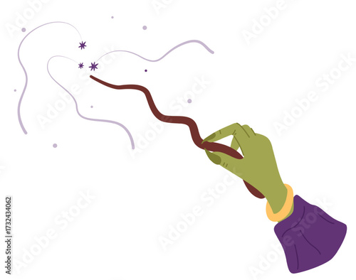 Witchs hand holds magic wand. Wizard conducting magical ritual or spell. Magician miracle. Fairytale sorcerer. Green arm gesture with fairy stick. Warlock trick. Vector witchcraft concept
