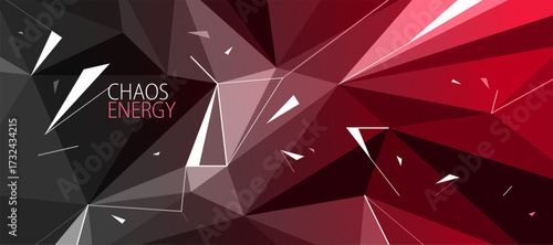Low poly vector abstract background, 3D dark polygonal surface and particles flying in chaos, triangular structure and debris in decay, science and technology.